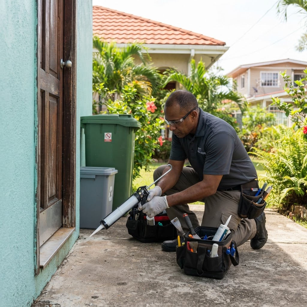 Professional pest control technician sealing entry points around a door frame.