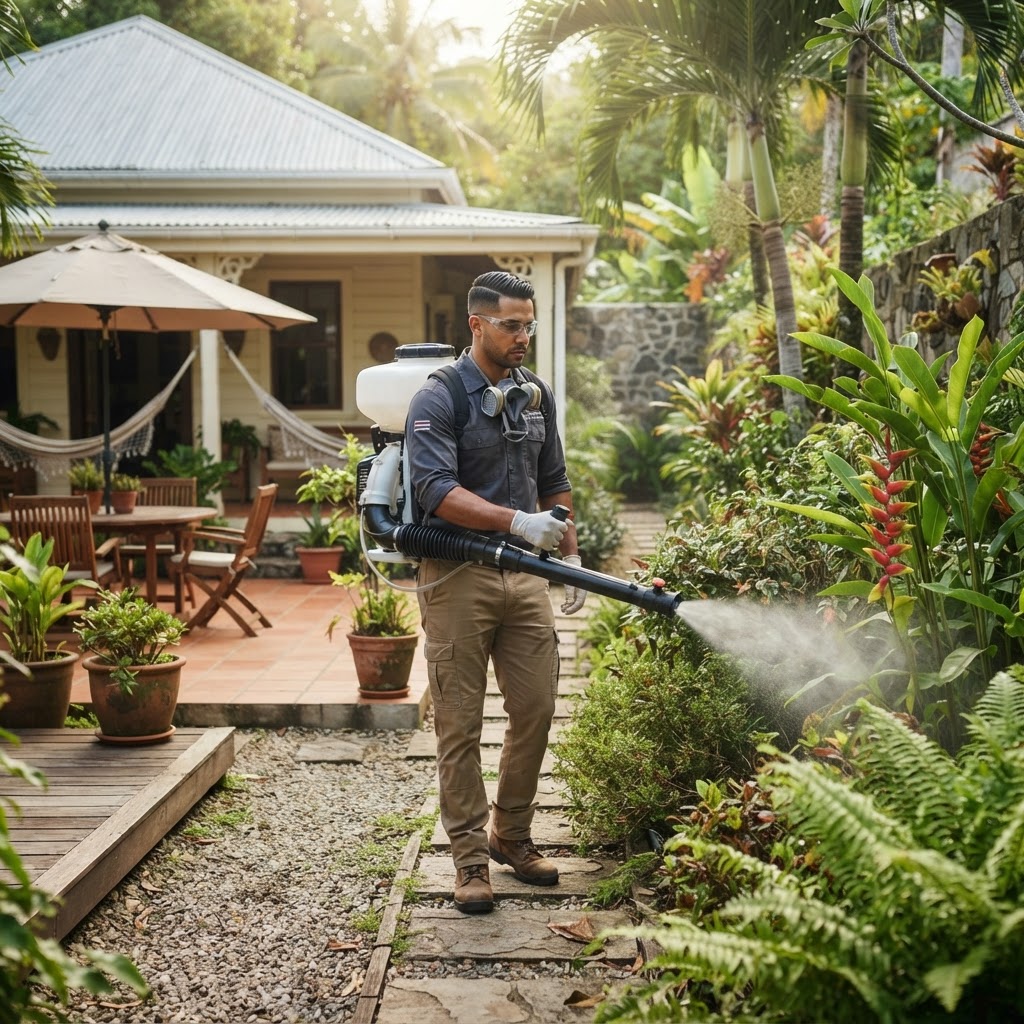Professional pest control technician treating a backyard for mosquitoes.