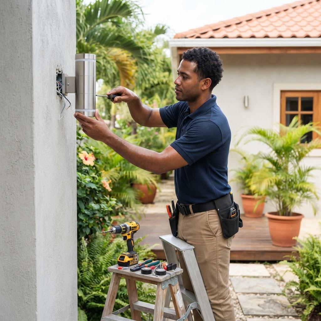Professional installing wall-mounted fixture installation.