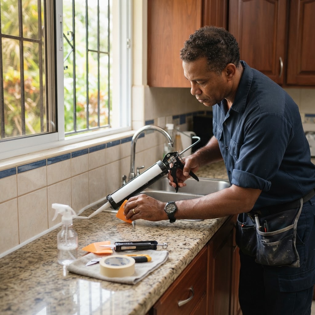 Professional repairing kitchen silicone resealing.