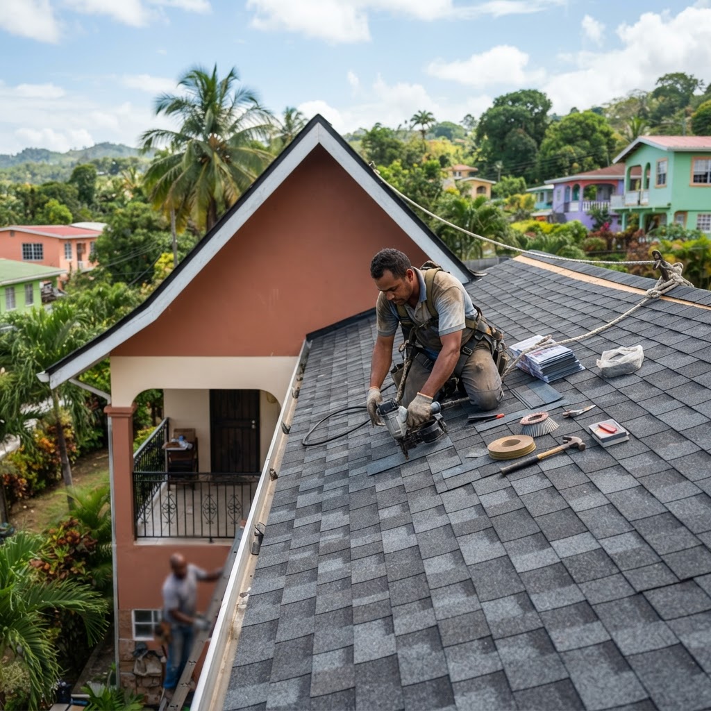 Professional roofer installing shingles on a residential roof.