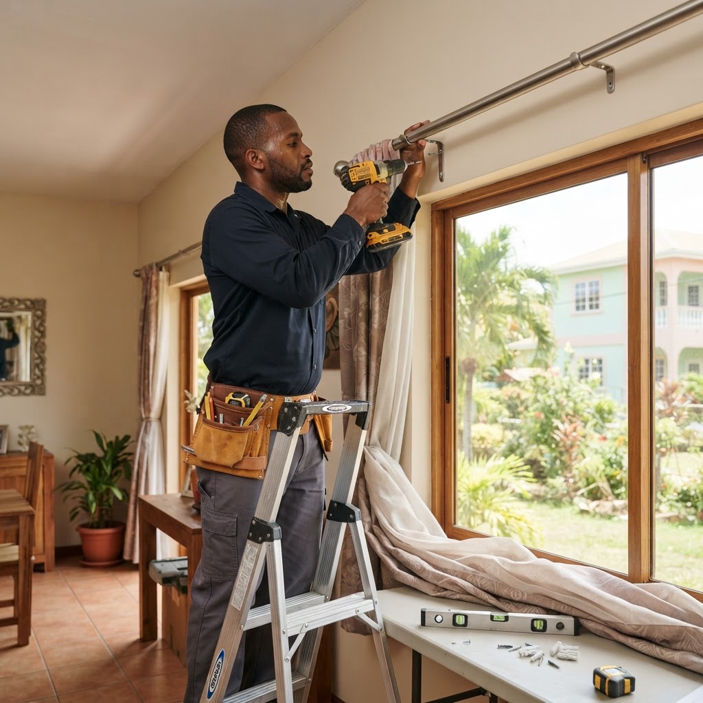 Professional installing curtain rail installation.