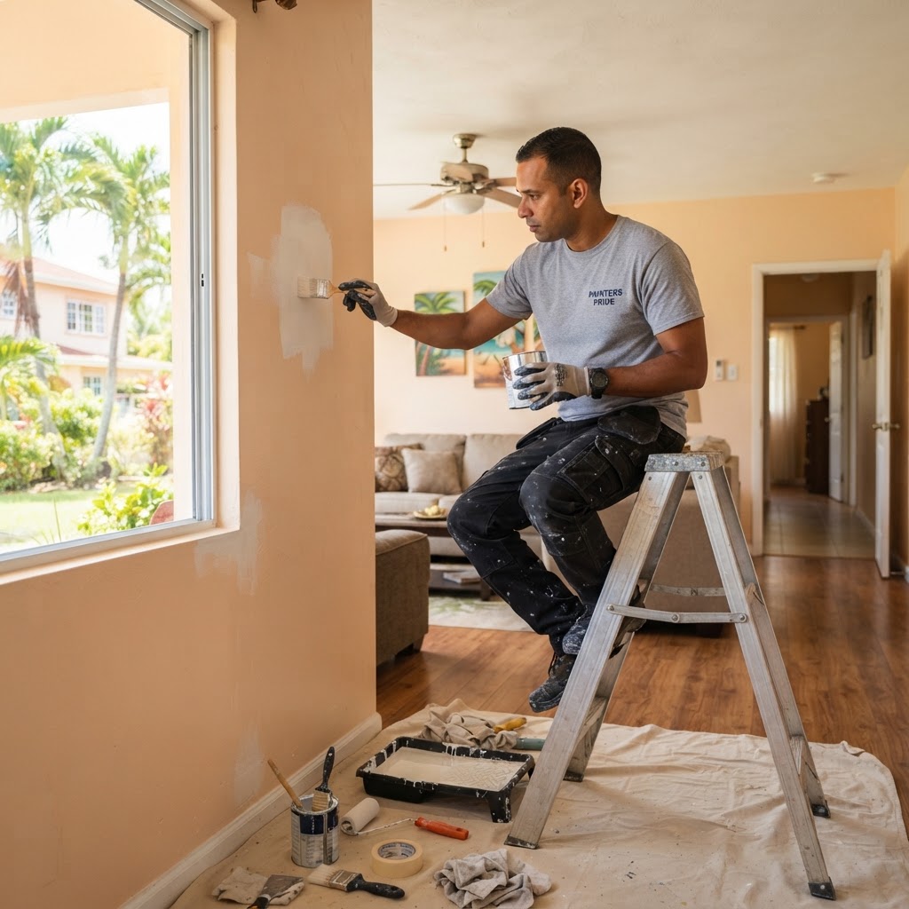 Professional repairing interior house painting.