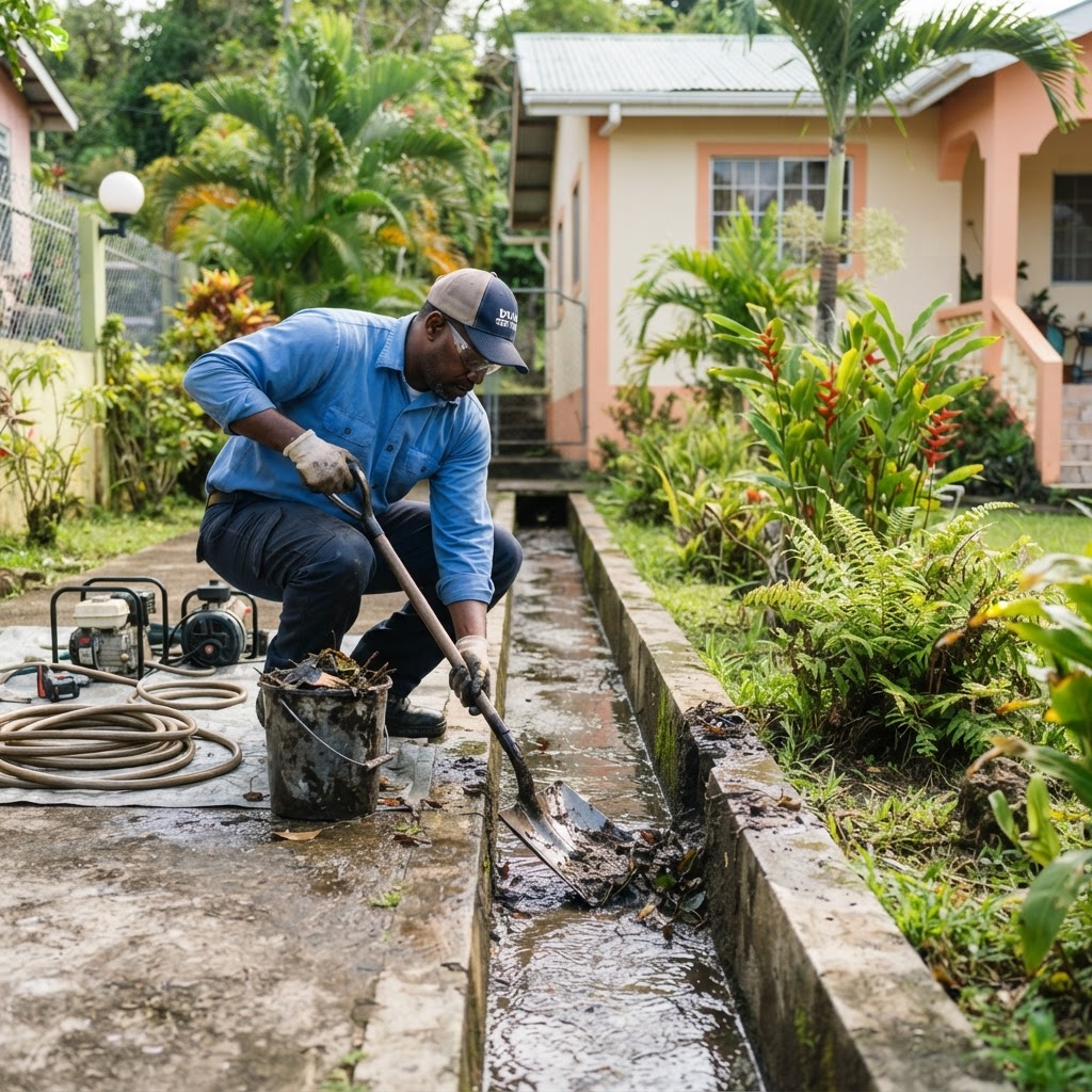 Professional repairing outdoor drain clearing.