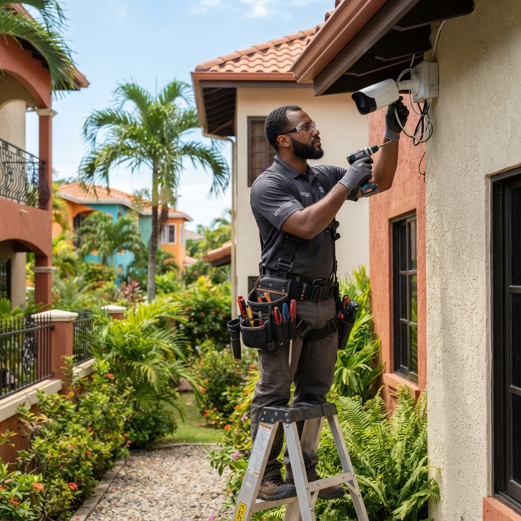 Professional installing security camera installation.