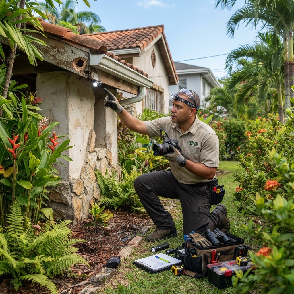 Wildlife specialist assessing a property for wildlife entry points.