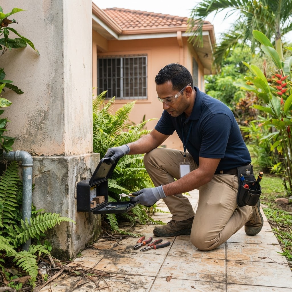 Professional pest control technician inspecting rodent entry points in a home.