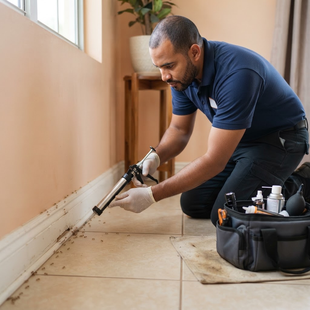 Professional pest control technician treating an ant infestation along a baseboard.
