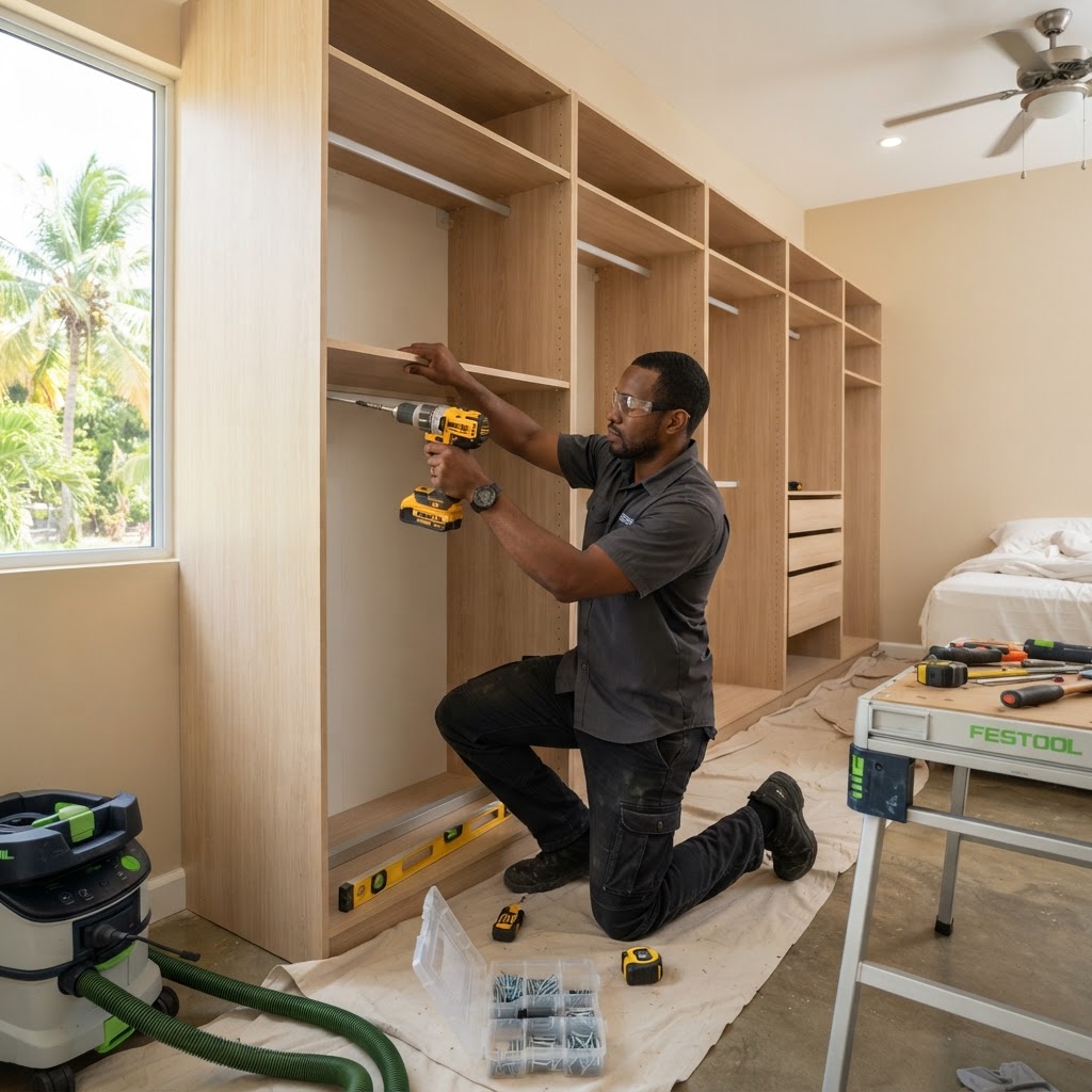 Professional installing wardrobe installation.