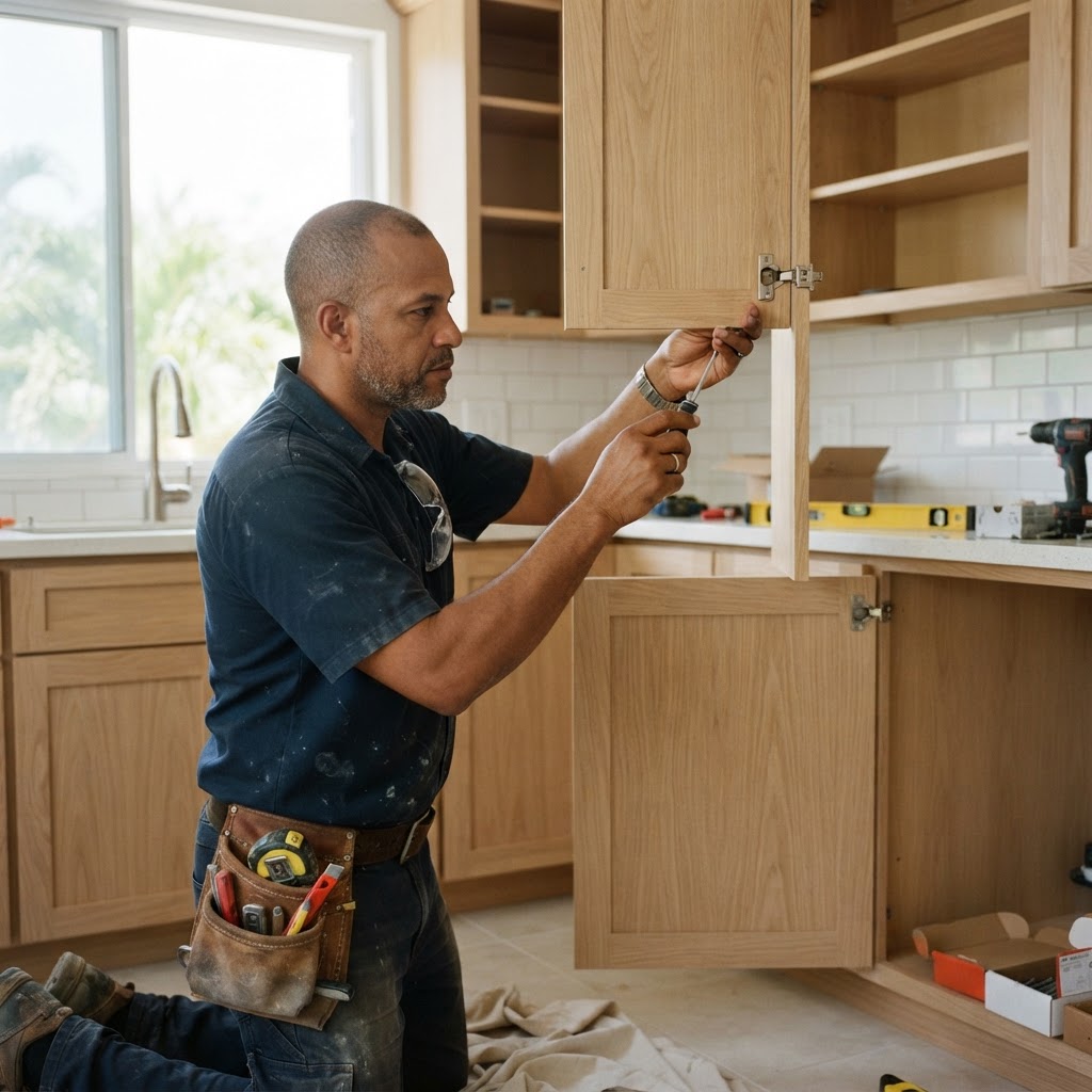 Professional carpenter installing kitchen cabinets.
