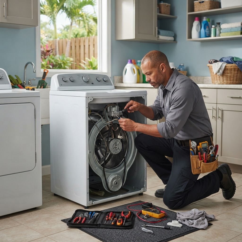 Professional servicing appliance maintenance.