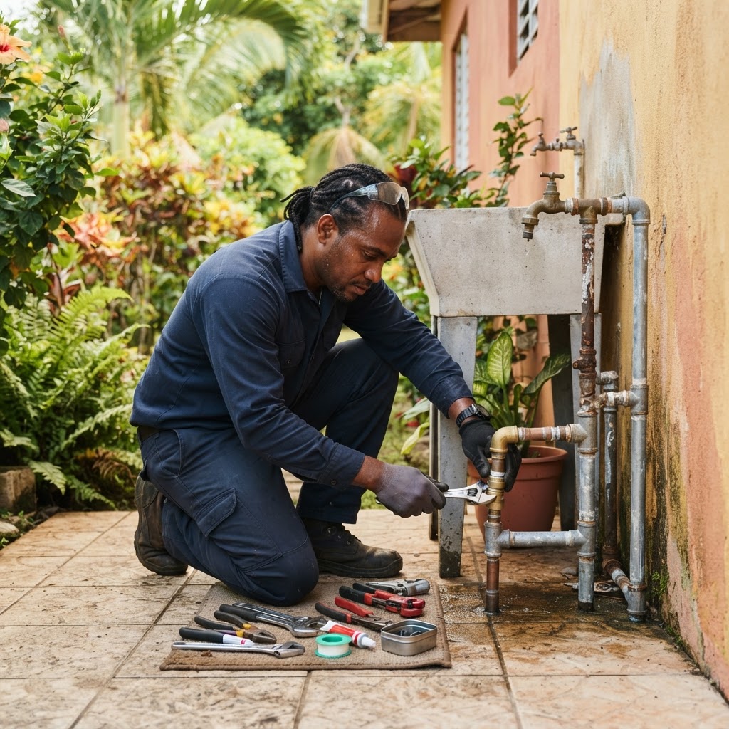 Professional plumber repairing pipes under a sink.