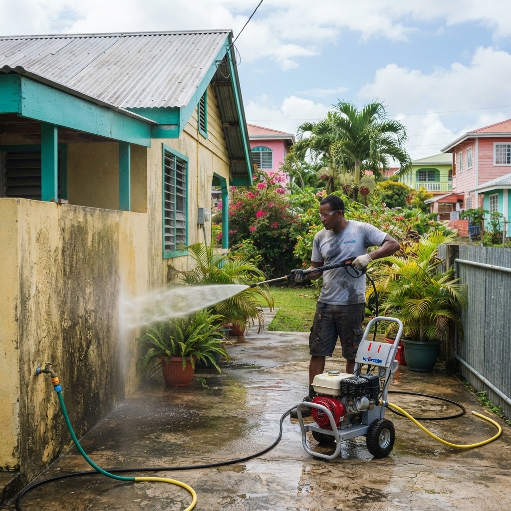 Professional cleaning pressure washing before painting.