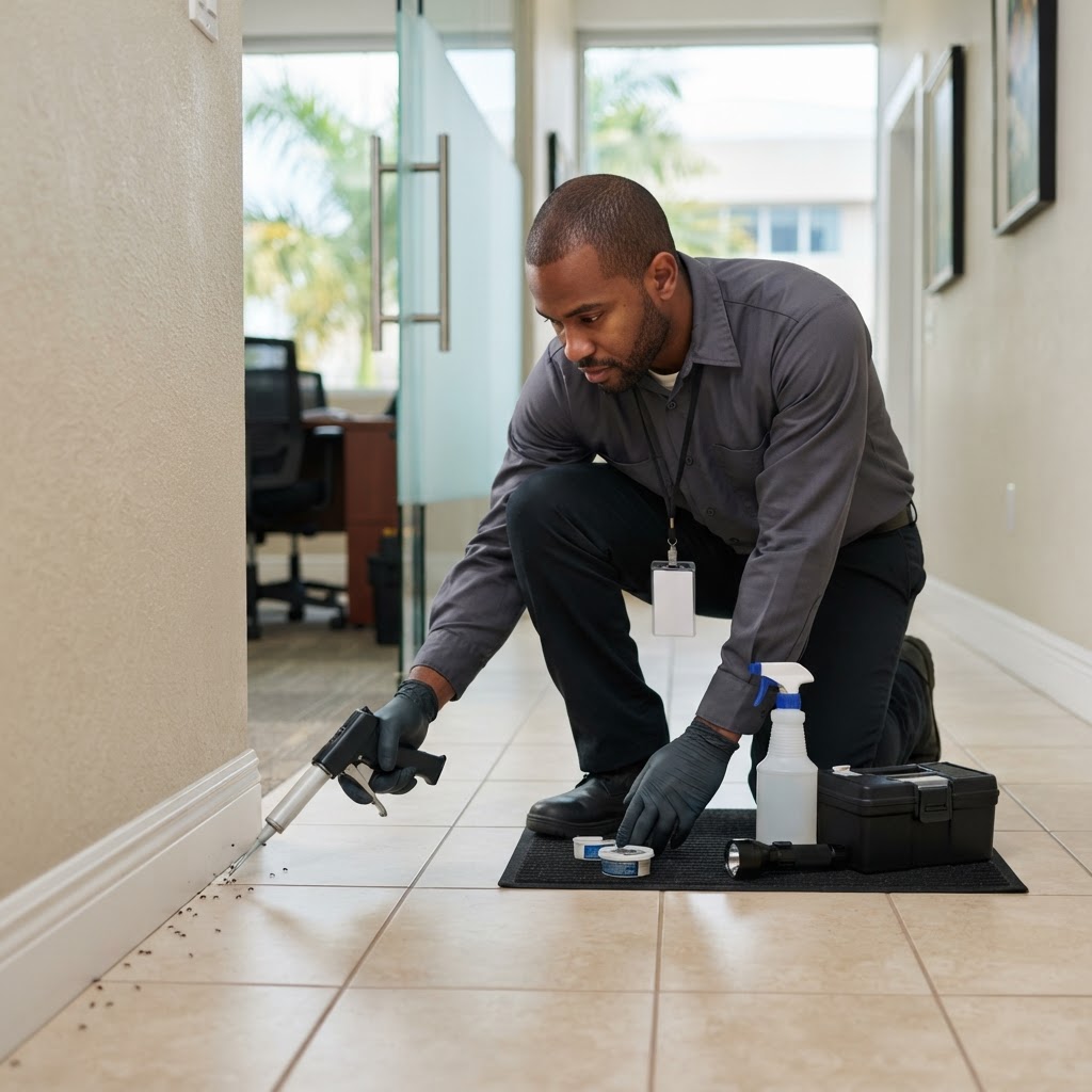 Professional pest control technician treating an ant infestation along a baseboard.