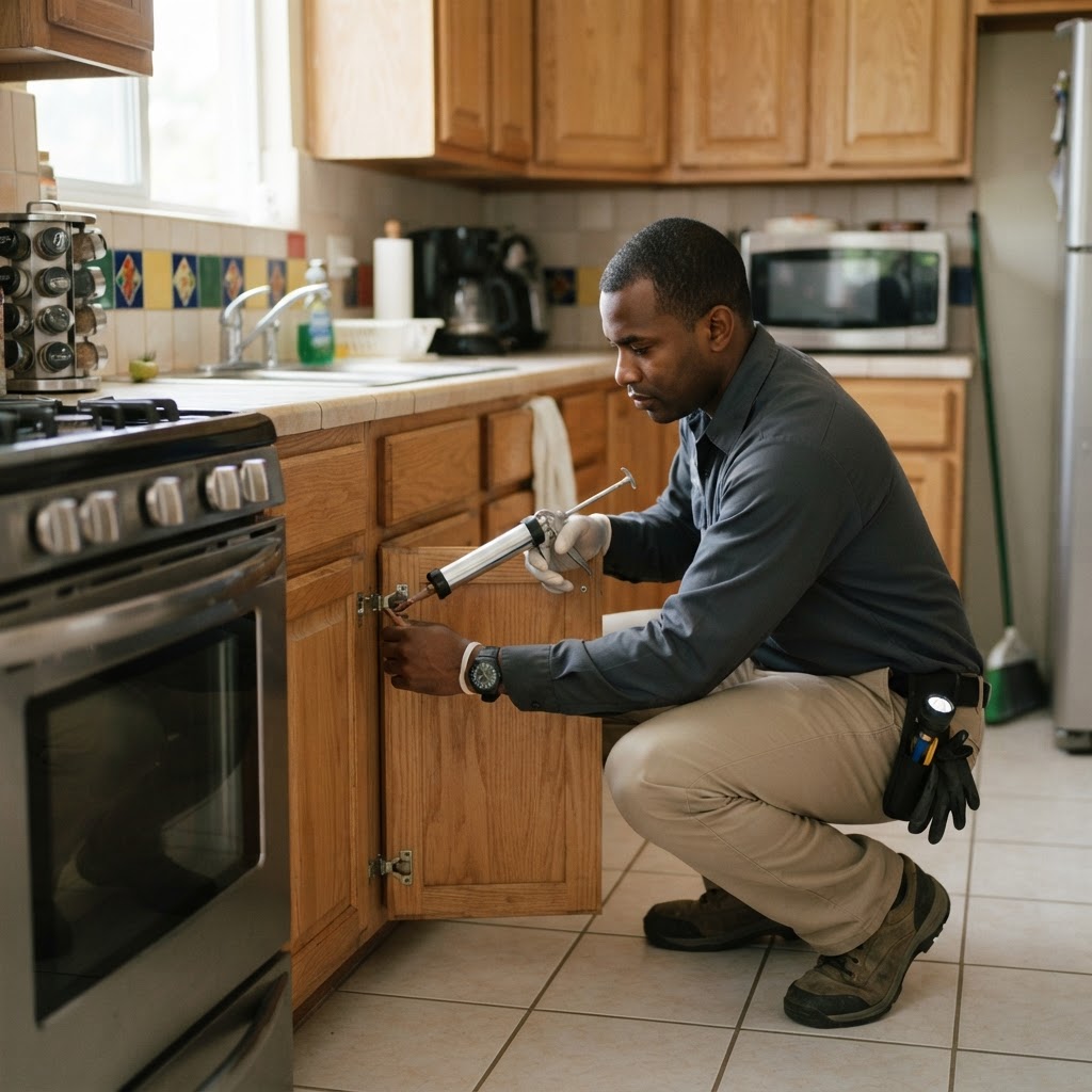 Professional pest control technician applying cockroach gel bait in a kitchen.