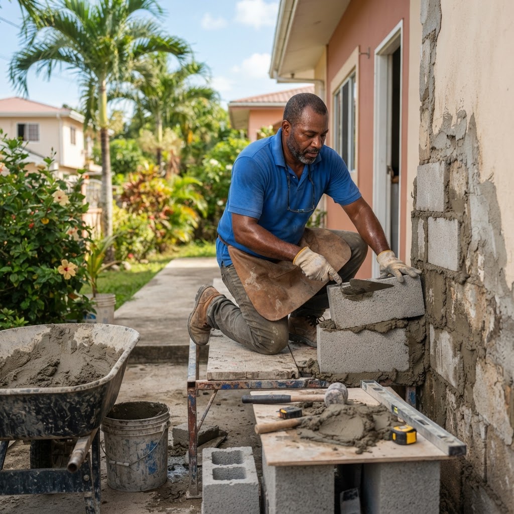 Professional mason laying concrete blocks.