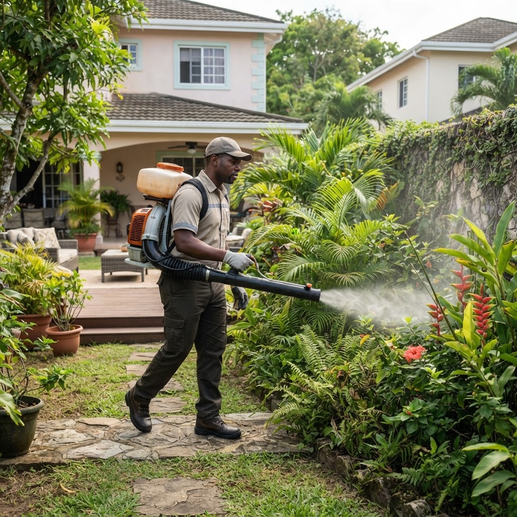 Professional pest control technician treating a backyard for mosquitoes.