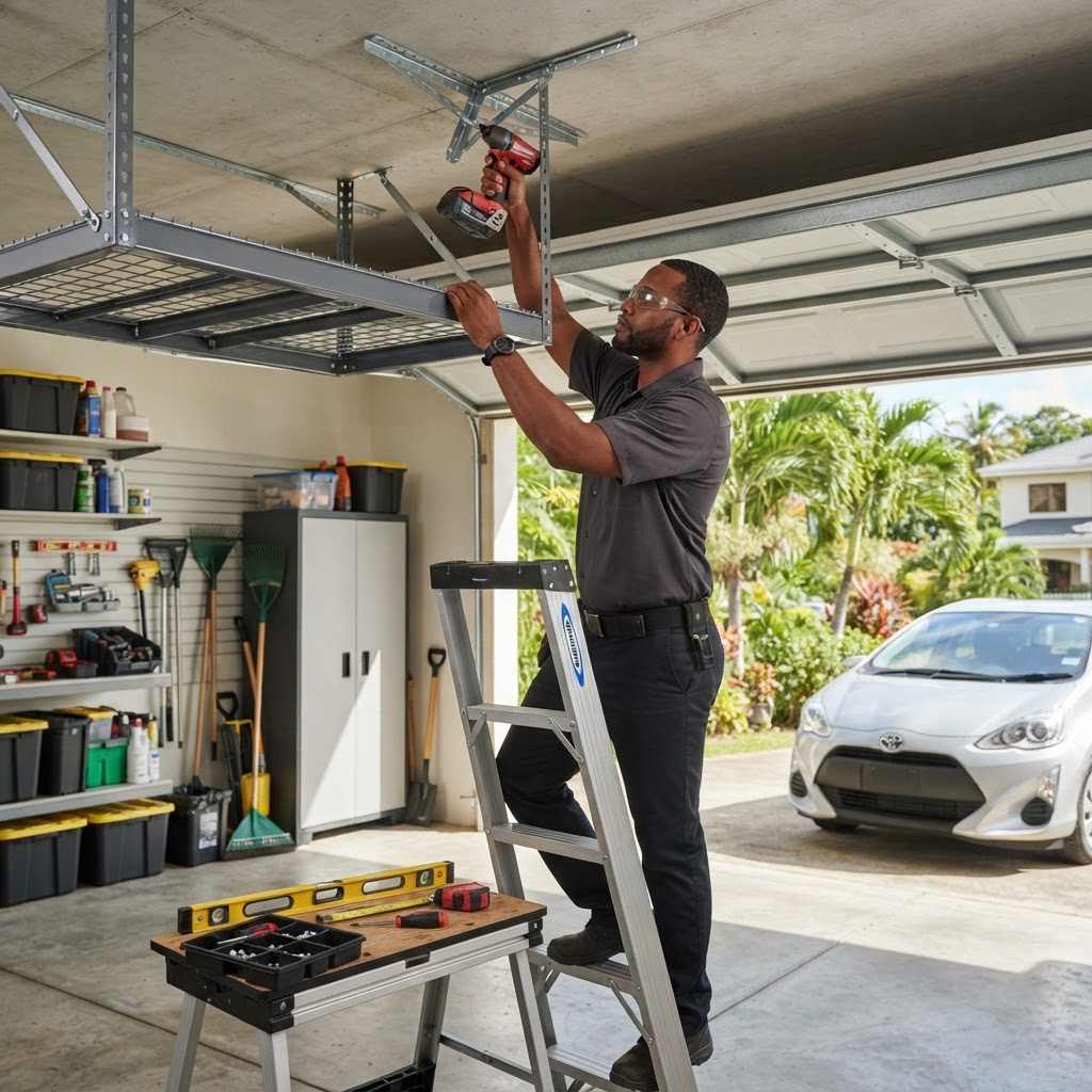 Professional installing garage storage installation.