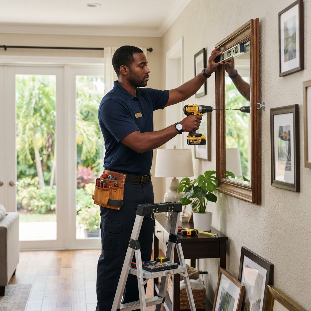 Professional installing picture and mirror hanging.
