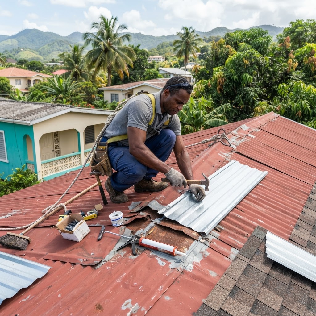 Professional roofer repairing a section of roof.