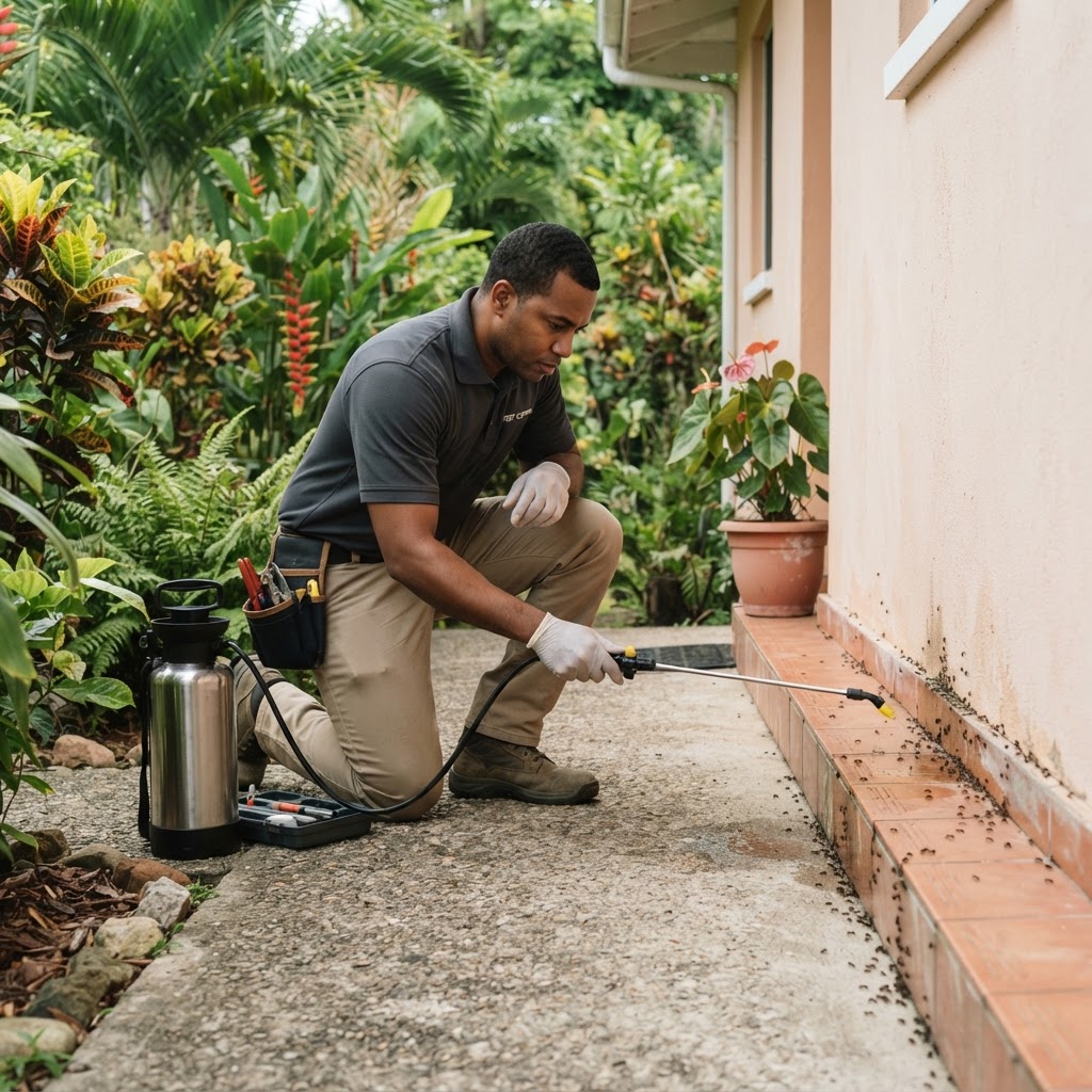 Professional pest control technician treating an ant infestation along a baseboard.