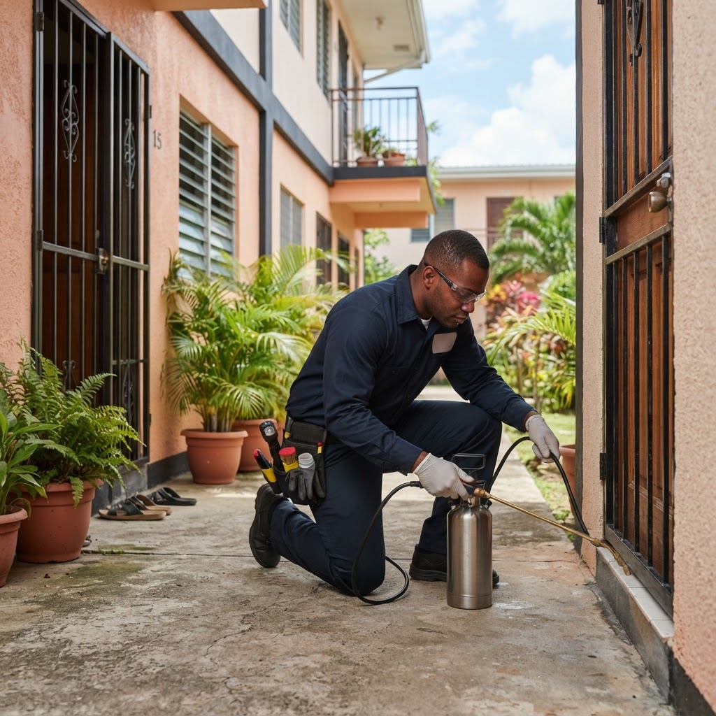 Professional pest-control technician treating a home.
