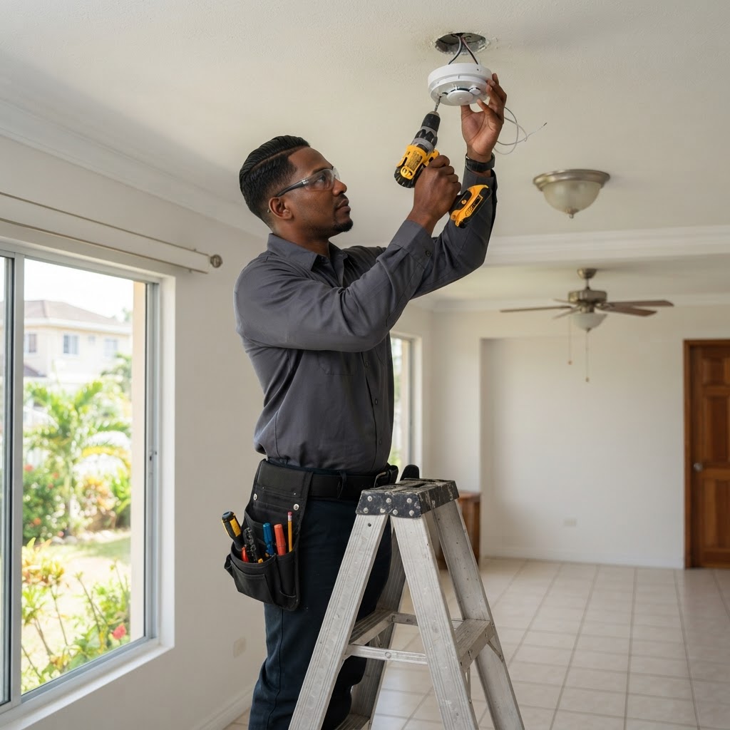 Professional installing smoke detector installation.