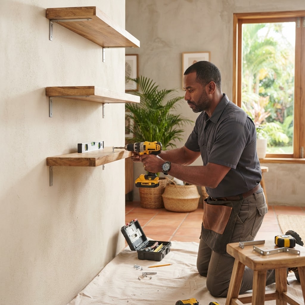 Professional installing wall shelf installation.