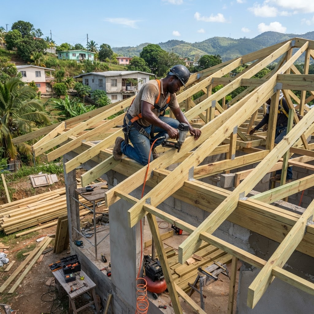 Professional installing roof framing and structural support.