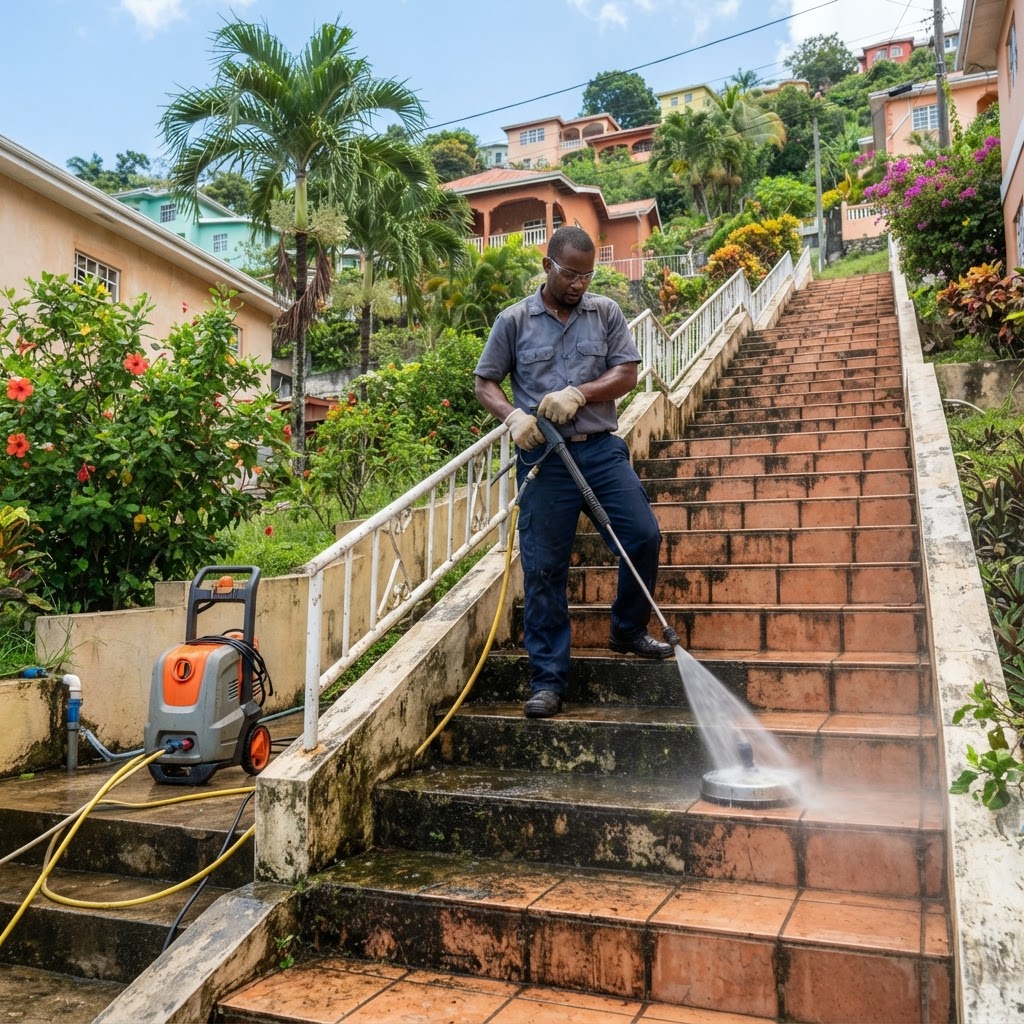 Professional cleaning outdoor staircase cleaning.