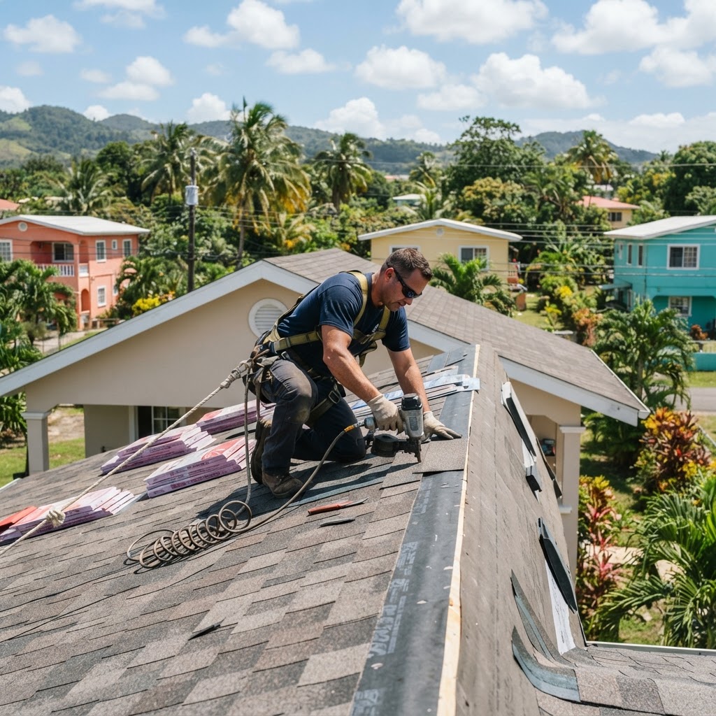 Professional roofer installing shingles on a residential roof.