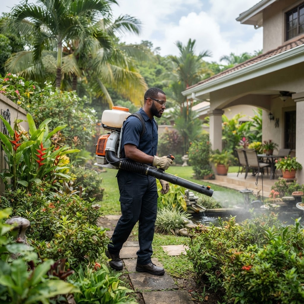 Professional pest control technician treating a backyard for mosquitoes.