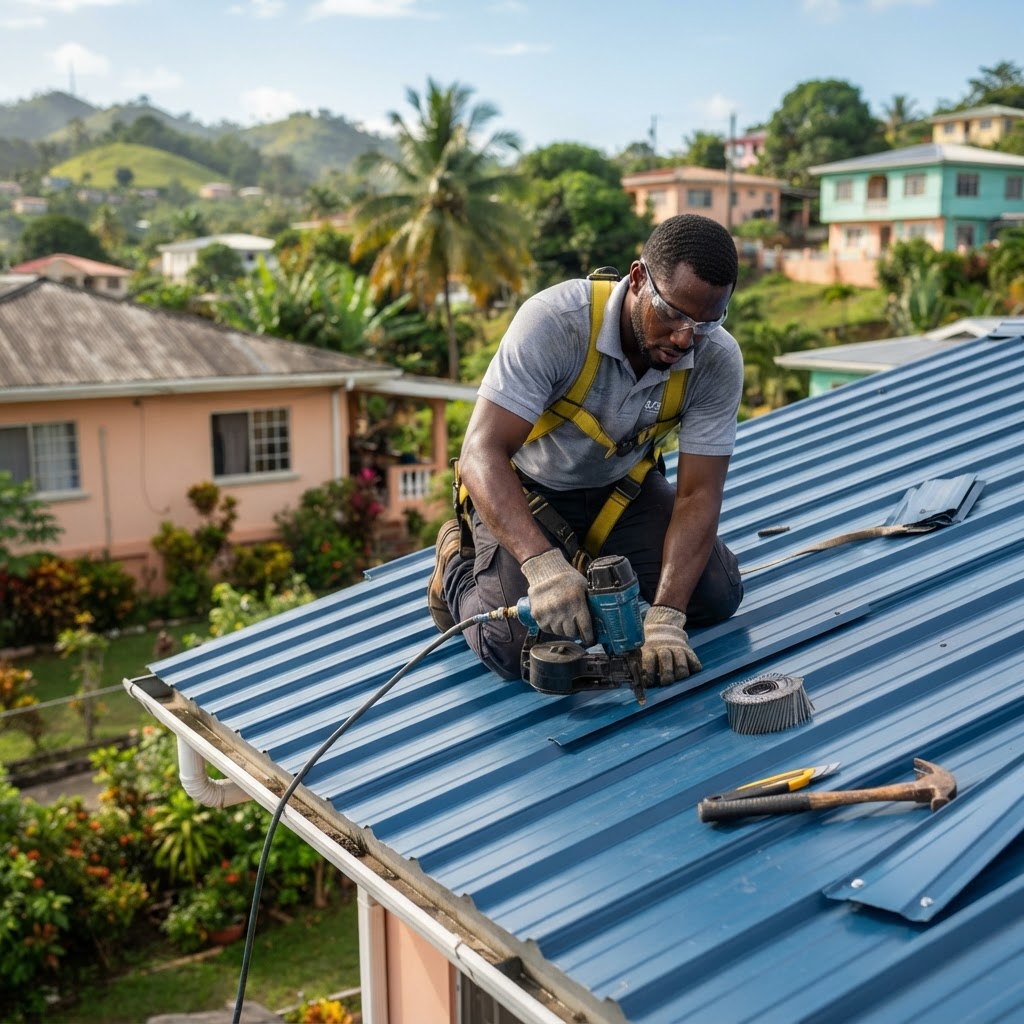 Professional roofer installing shingles on a residential roof.