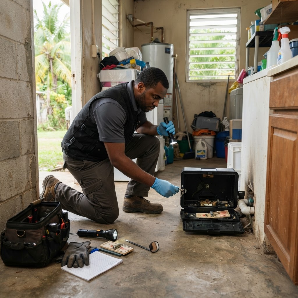 Professional pest control technician inspecting rodent entry points in a home.