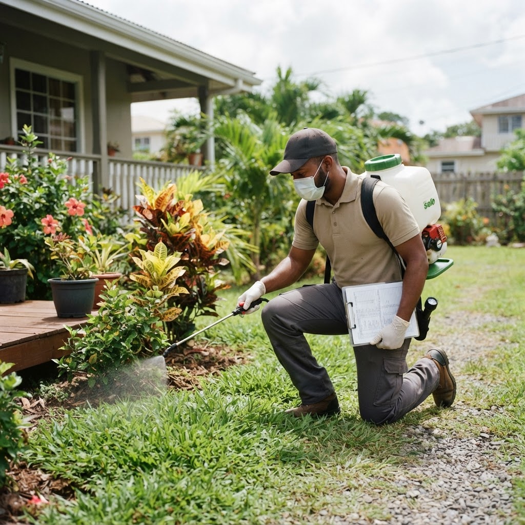 Professional pest control technician treating a yard for fleas.