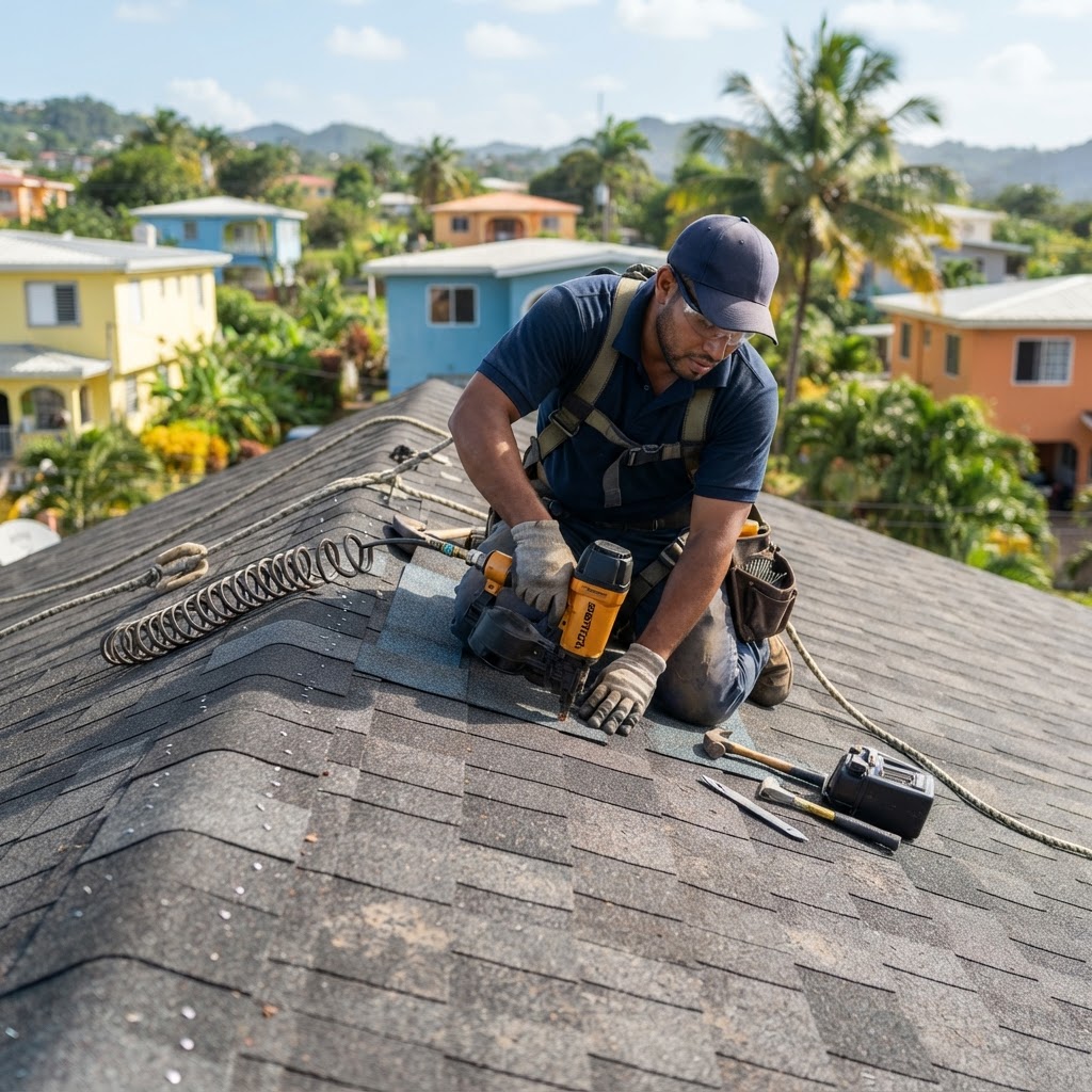 Professional roofer installing shingles on a residential roof.