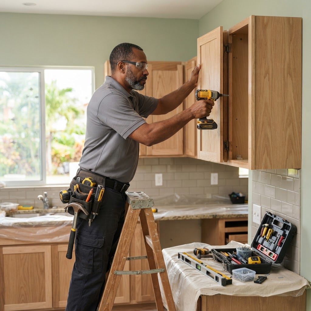 Professional carpenter installing kitchen cabinets.