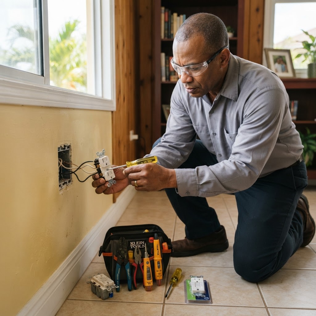 Professional repairing electrical outlet replacement.