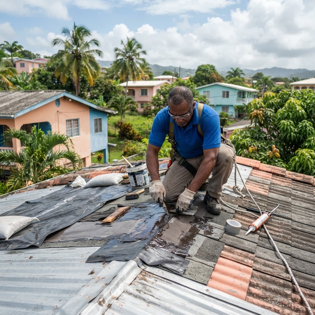 Professional repairing temporary roof leak protection.
