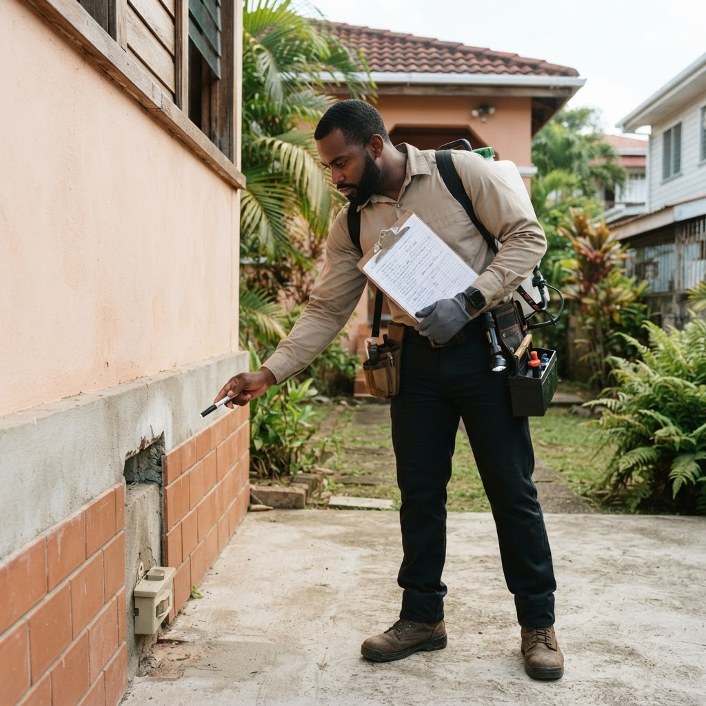 Professional pest control technician with a clipboard conducting a pest inspection.