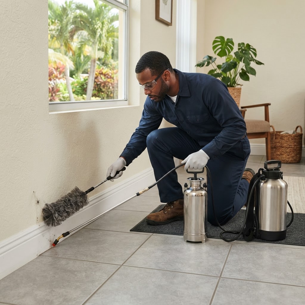 Professional pest control technician treating baseboards for crawling insects.