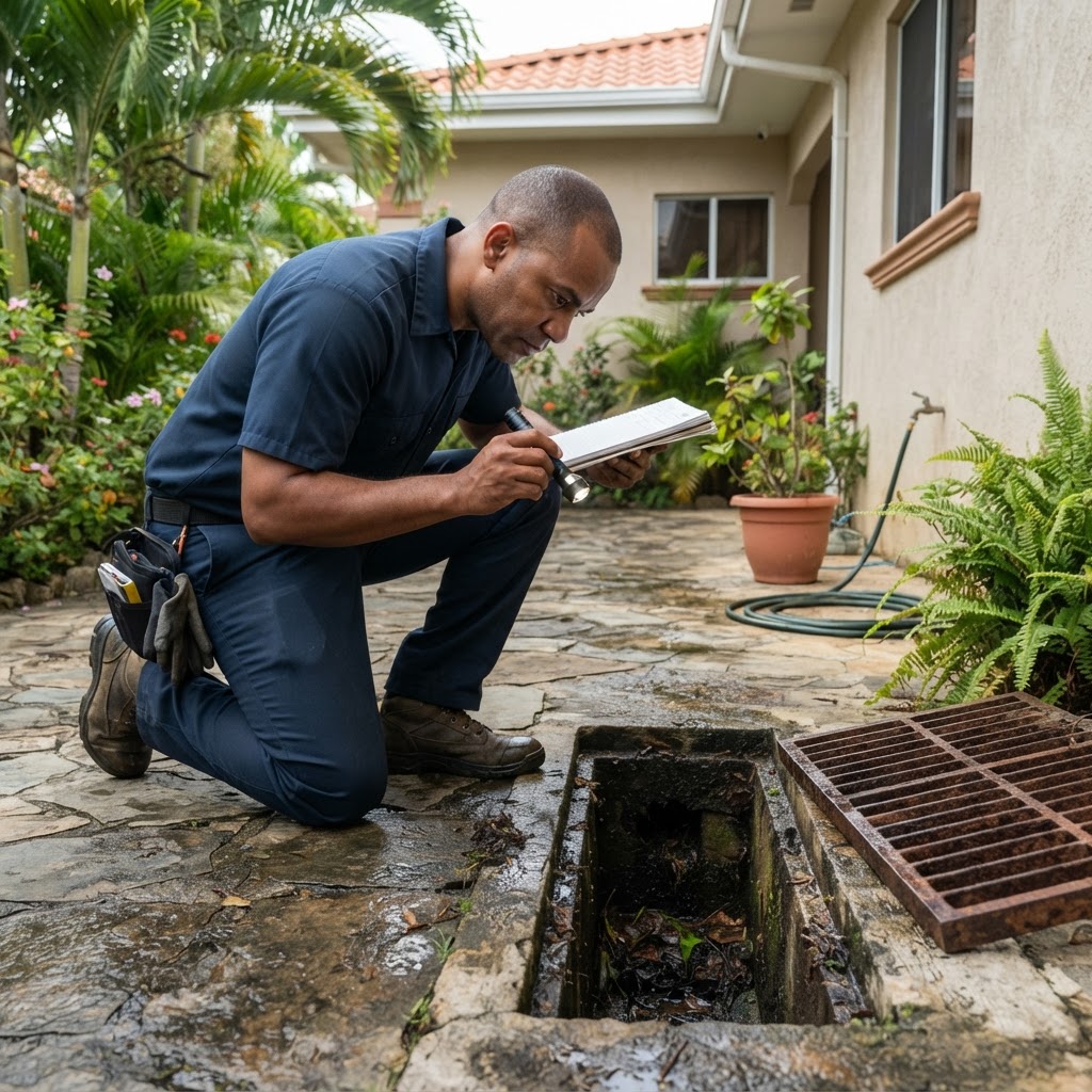 Professional pest control technician inspecting a drain for fly breeding activity.