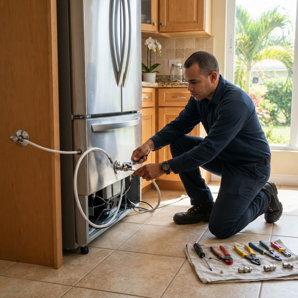Technician servicing a refrigerator.