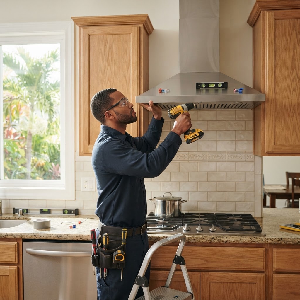 Professional installing range hood installation.