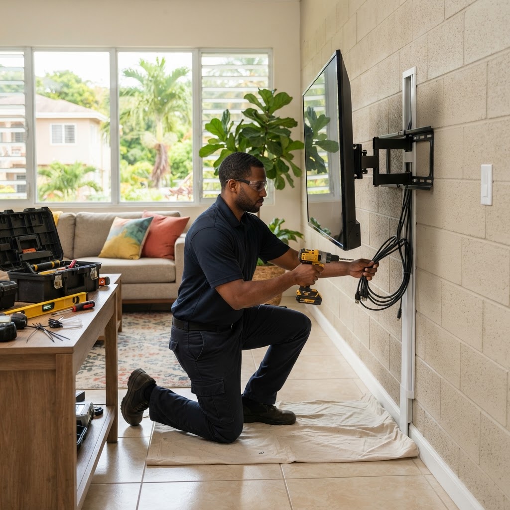 Professional installing tv wall mounting.