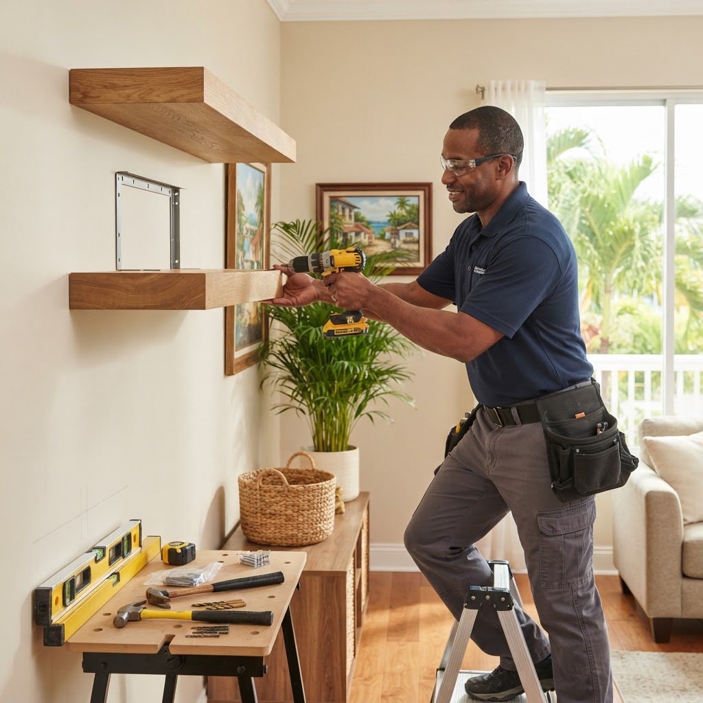 Professional installing floating shelf installation.