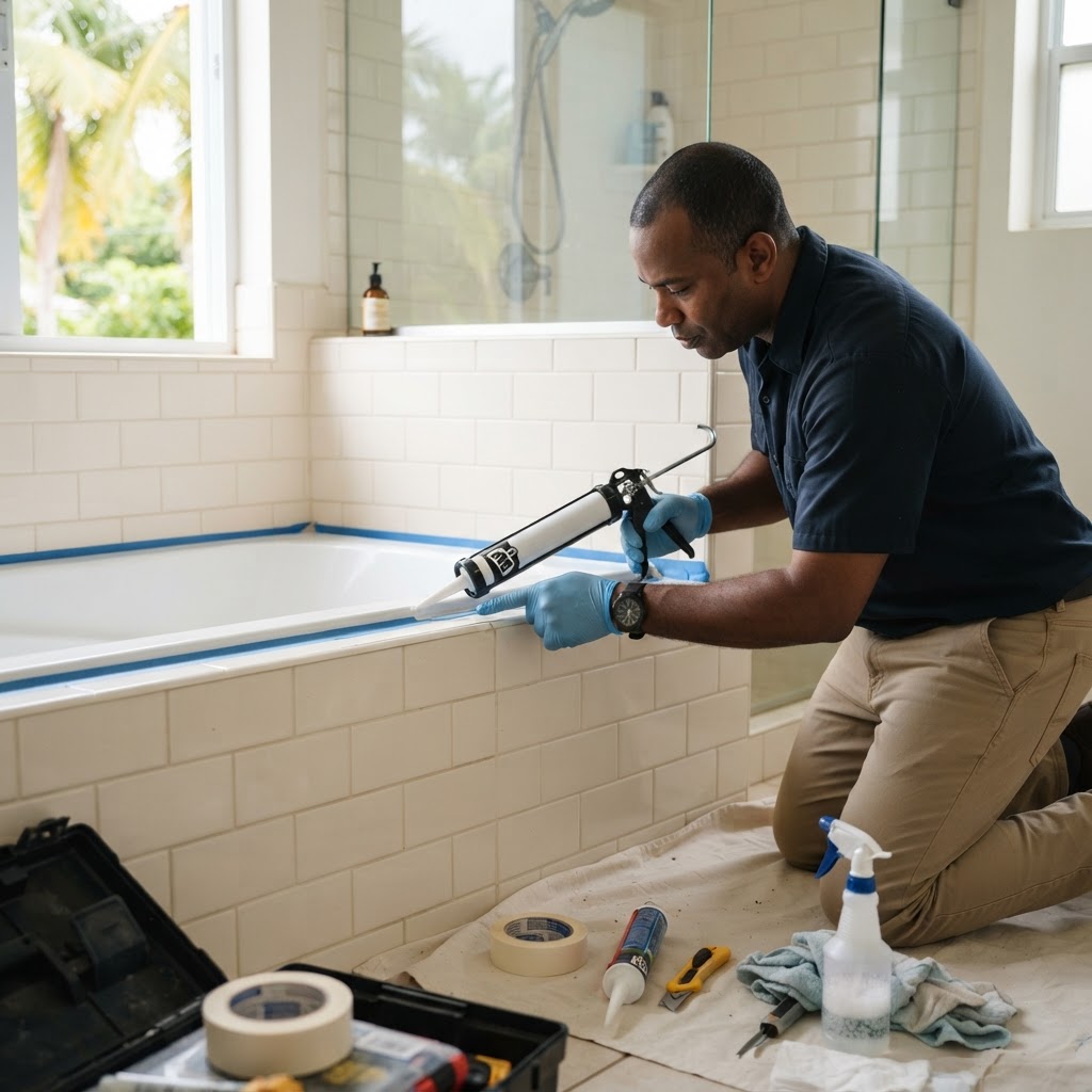 Professional repairing bathroom silicone resealing.