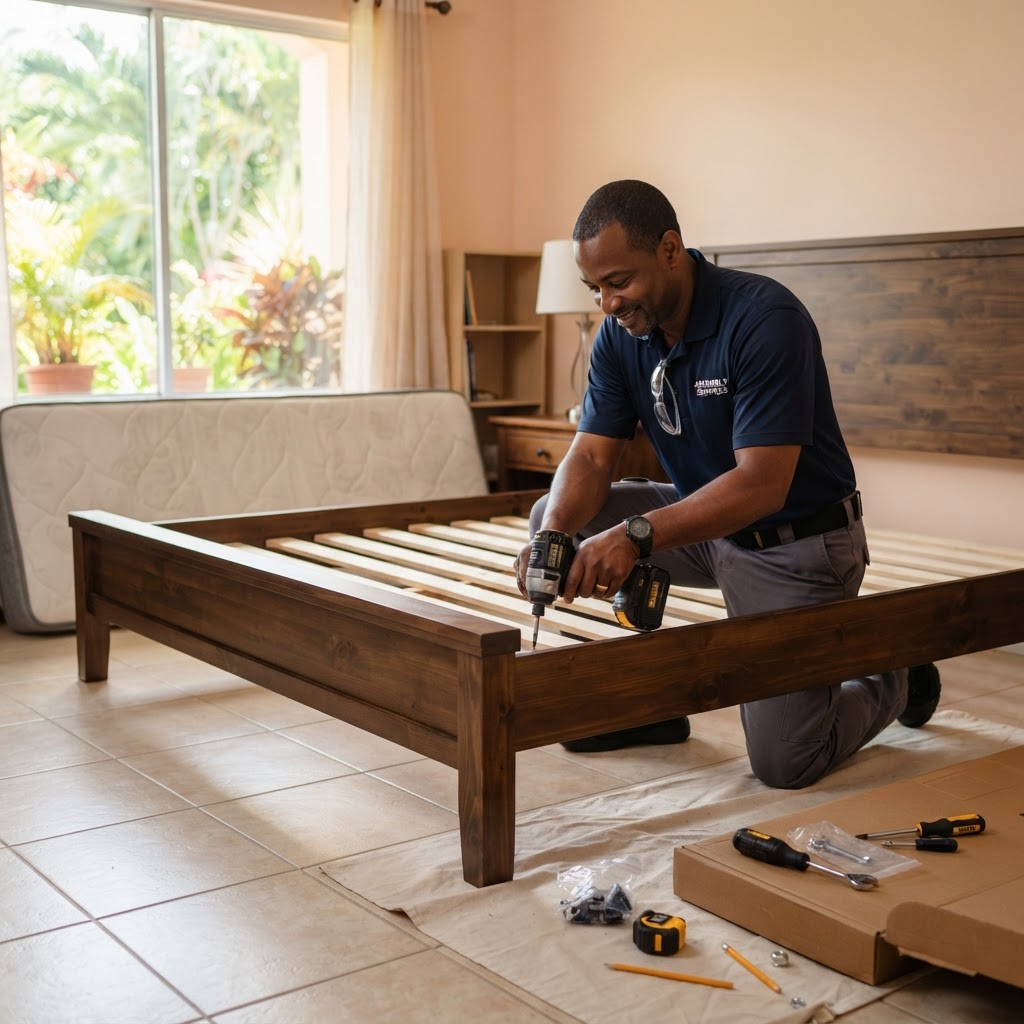 Professional installing bed assembly.