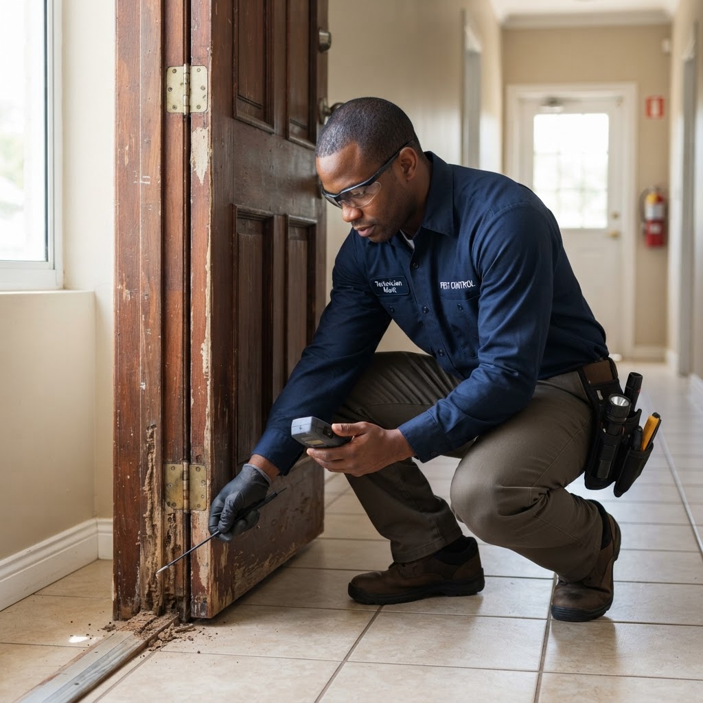 Professional pest control technician inspecting a wooden door frame for termite damage.
