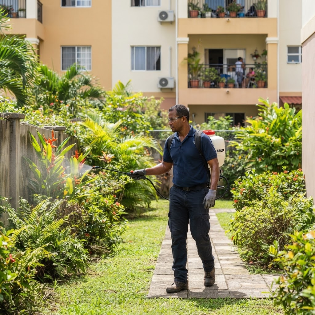 Professional pest control technician treating a backyard for mosquitoes.